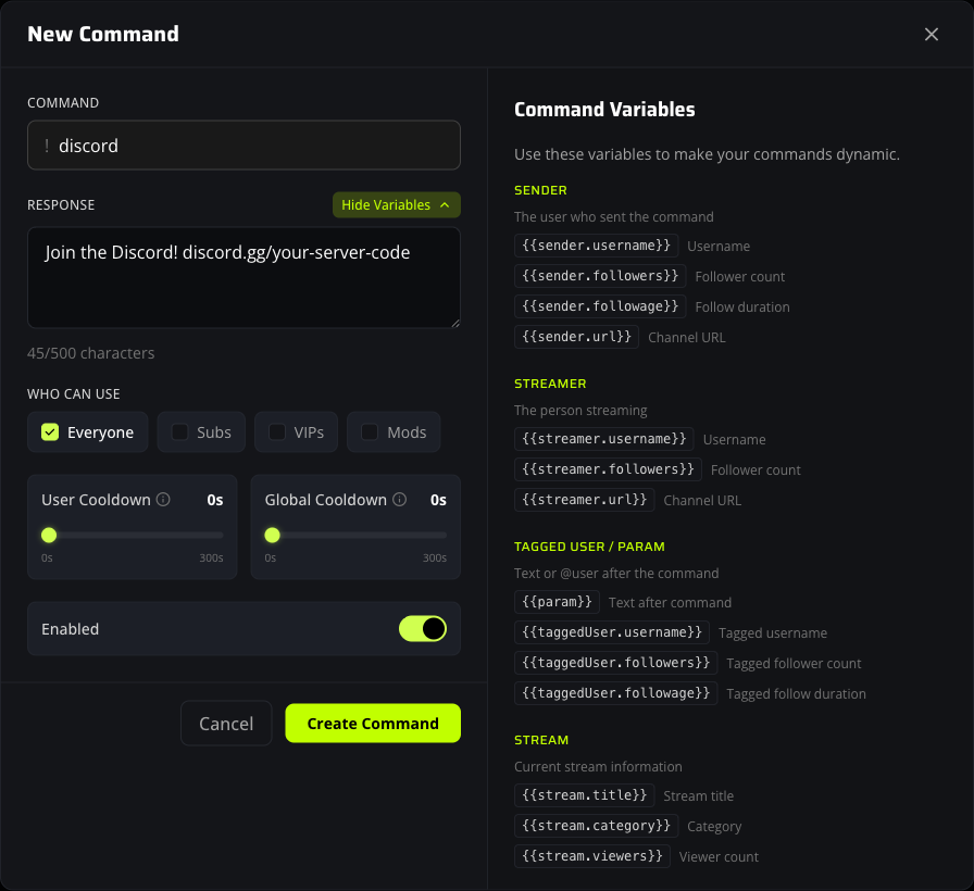 Command Variables panel listing sender, streamer, tagged user, stream, random, and request variables.