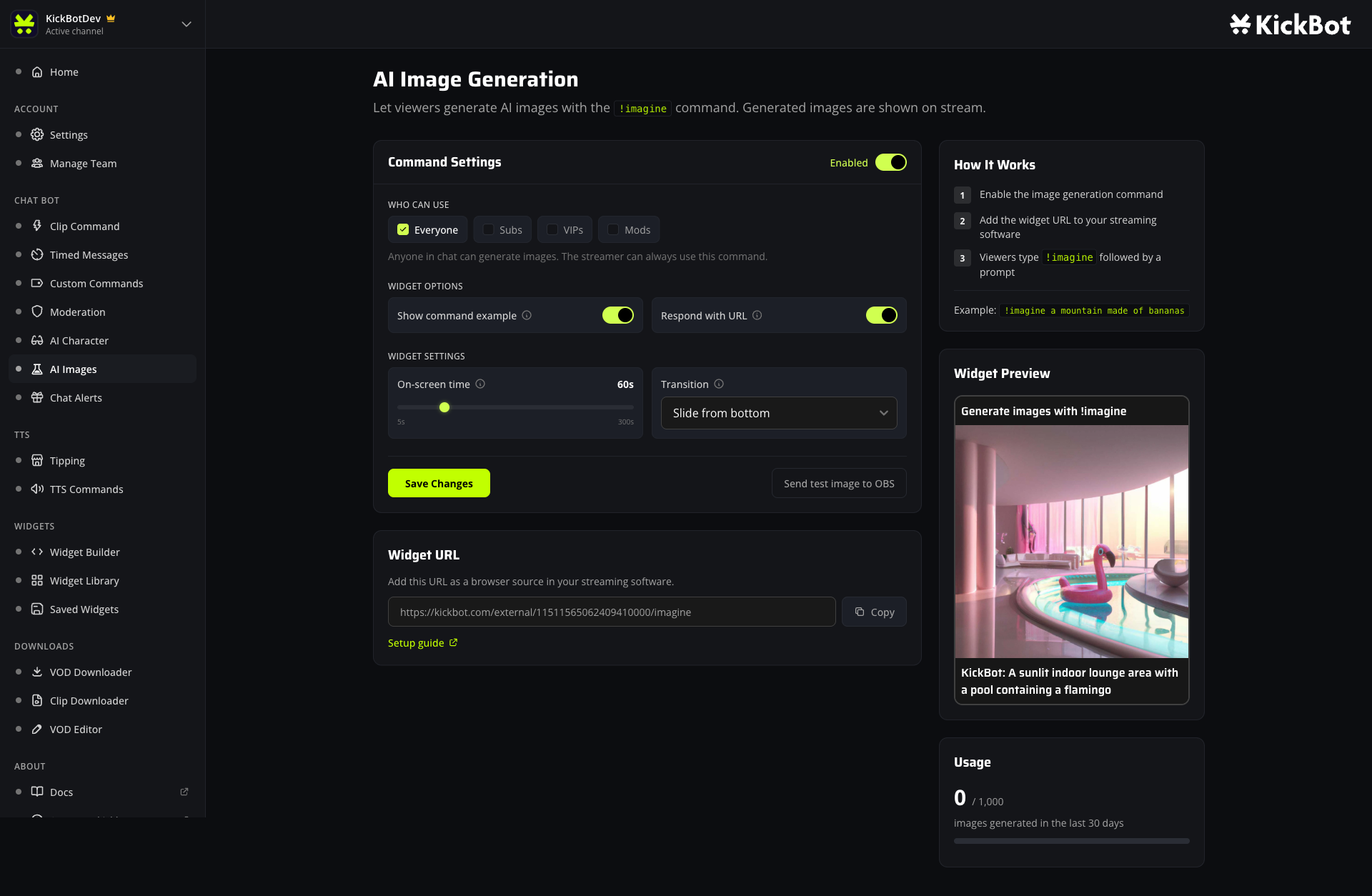 KickBot AI image generation dashboard with command settings, widget URL, and usage meter