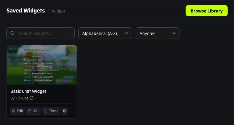 Saved Widgets page with the installed Basic Chat Widget card and its Edit, URL, Clone action buttons