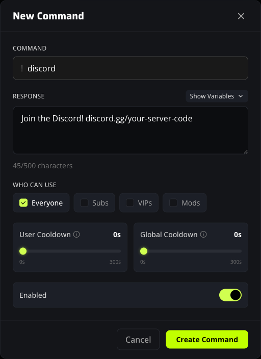 New Command popup with trigger word, response, role buttons, and cooldown sliders.