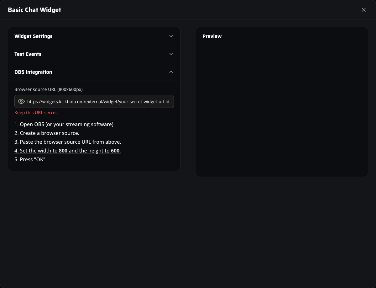 OBS Integration accordion with the Kick chat overlay browser source URL and recommended dimensions for OBS