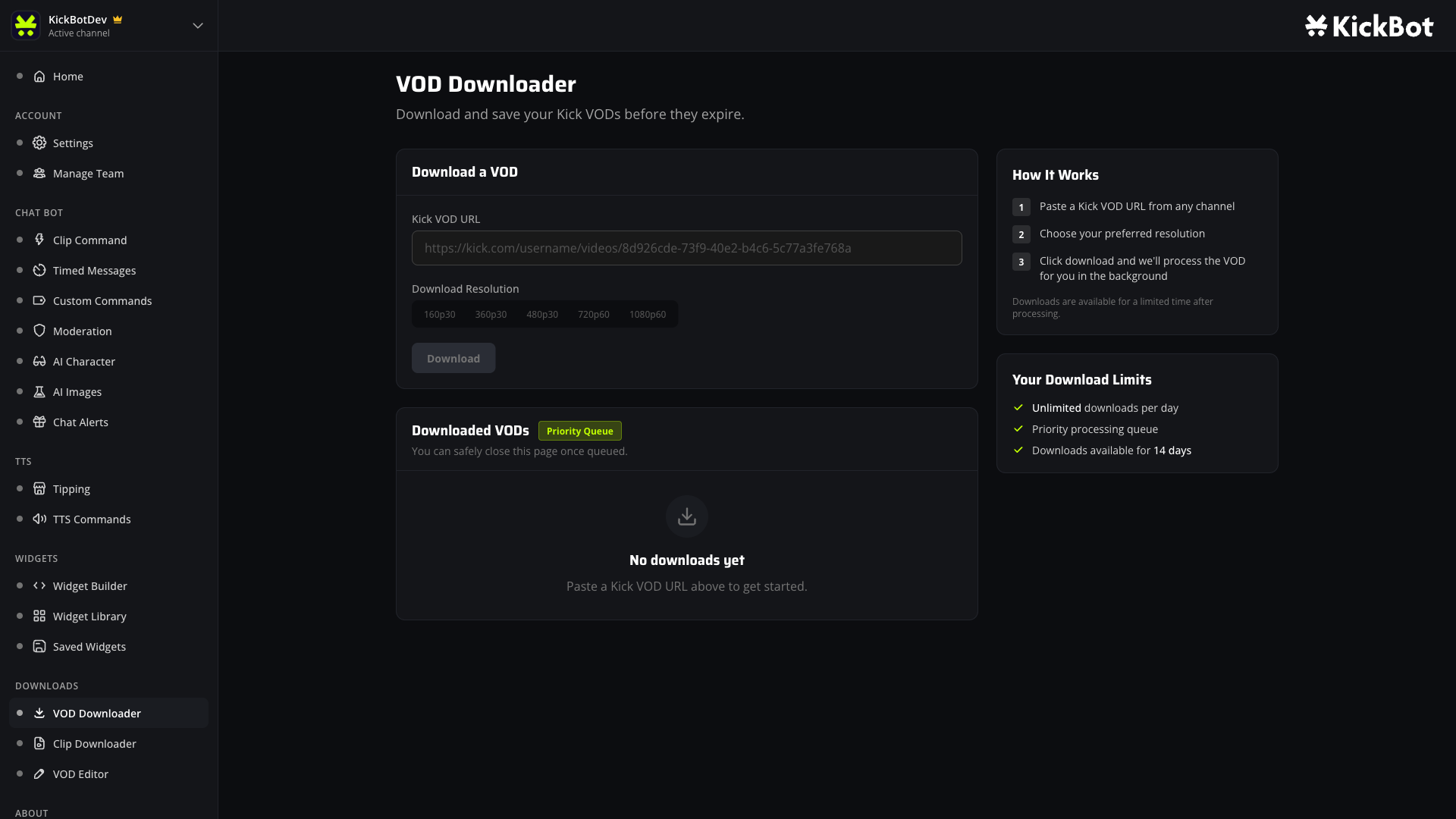 KickBot dashboard VOD Downloader page with input form and download history
