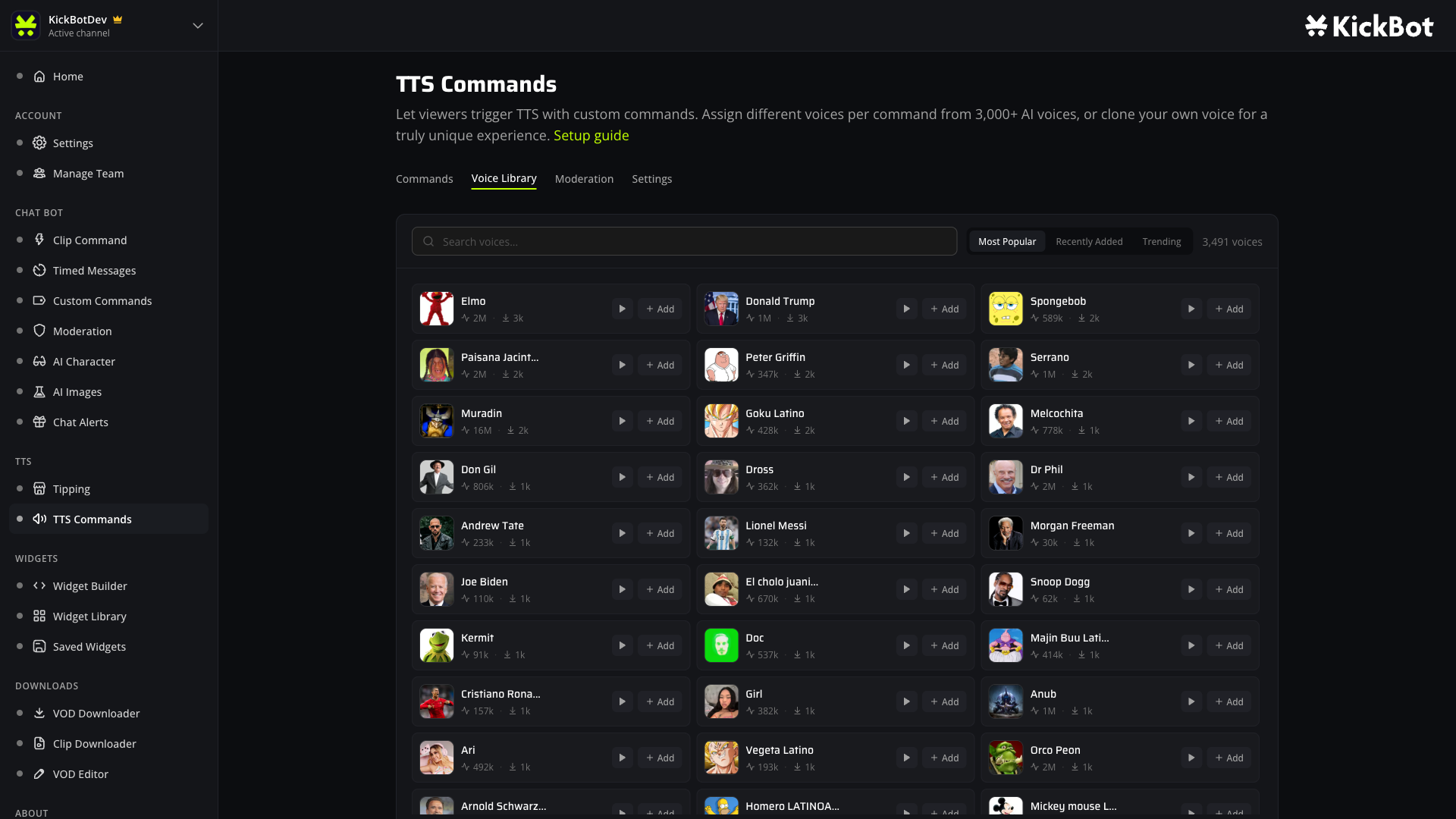 Voice Library tab showing thousands of KickBot TTS voices sorted by most popular with celebrity, character, and community voices