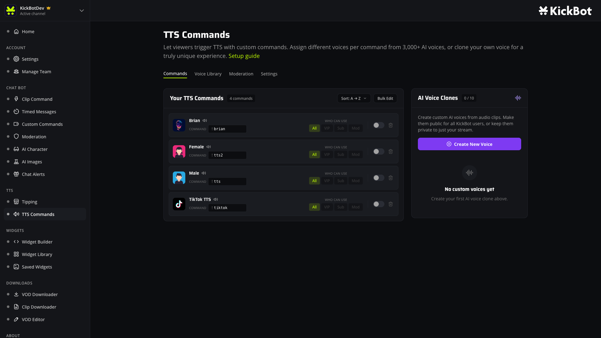 KickBot TTS commands tab on Kick showing four default voices and the AI Voice Clones panel
