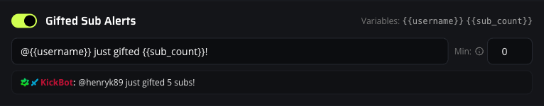 Gifted sub alert card with message input, Min field, and preview