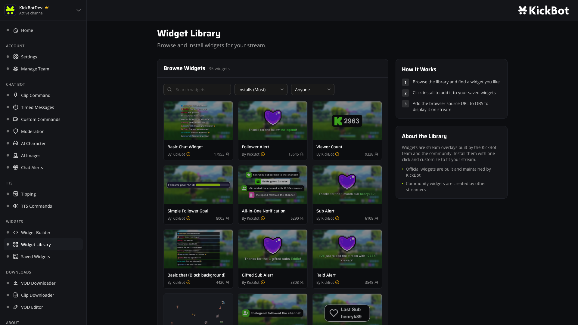 KickBot Widget Library showing chat widgets, alerts, viewer count and follower goal tiles in the grid