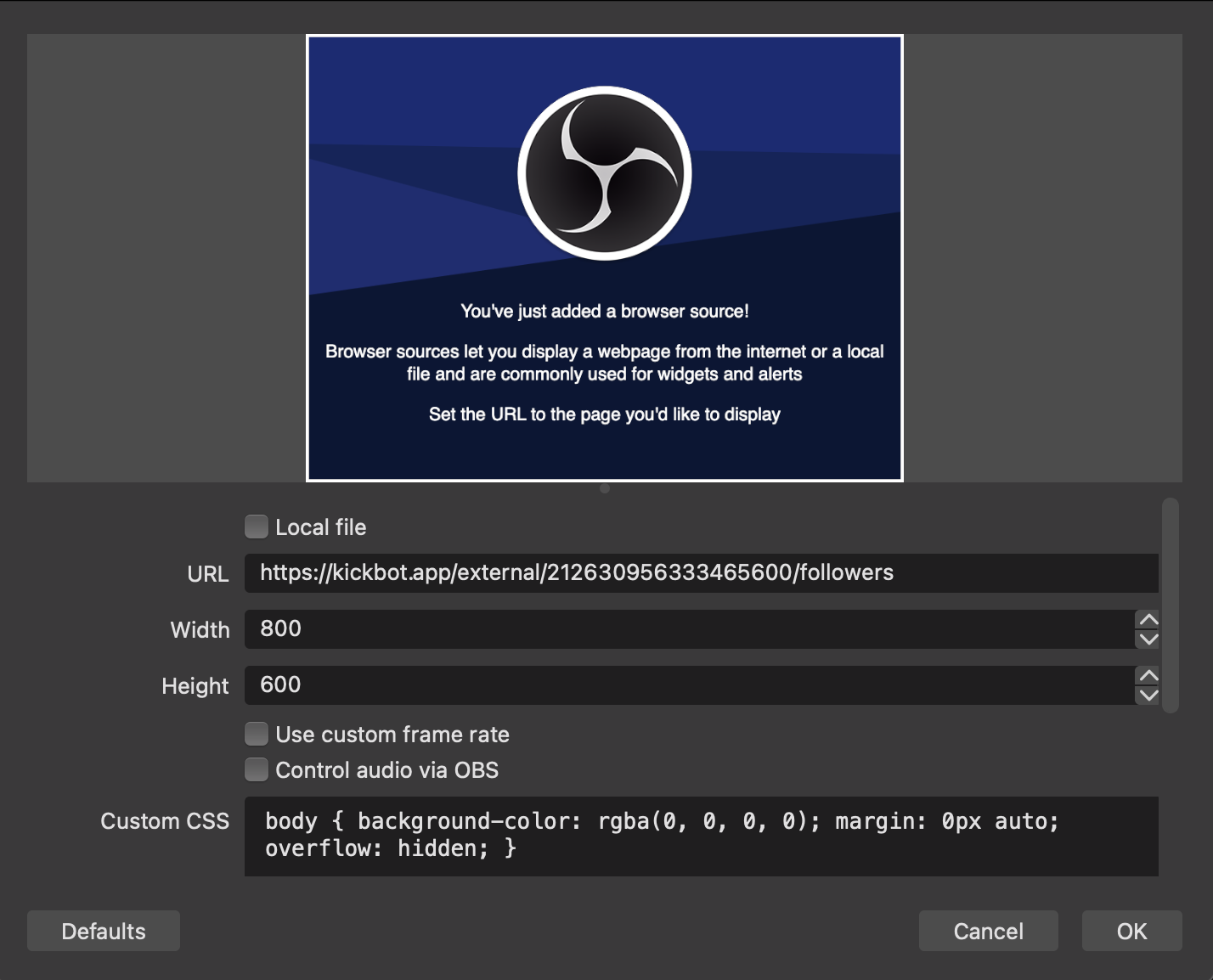 Configure the browser source in OBS or Streamlabs