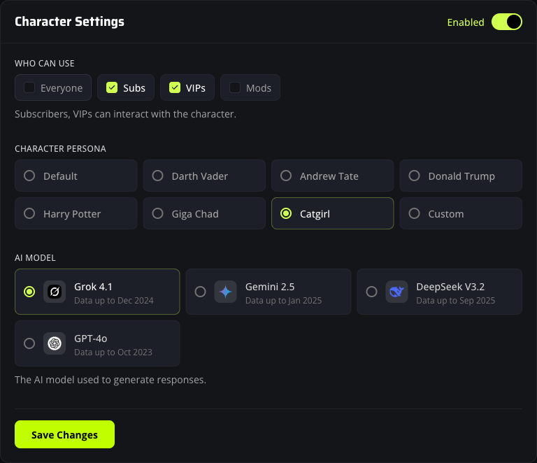 Who Can Use role buttons with Subs and VIPs selected