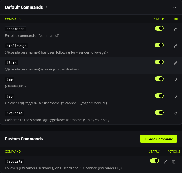 KickBot custom commands dashboard with default kick chat commands and a !socials custom command.