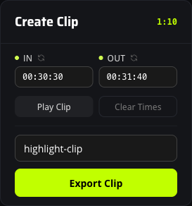 Create Clip card with In and Out timestamps filled in, a clip name entered, and the green Export Clip button active