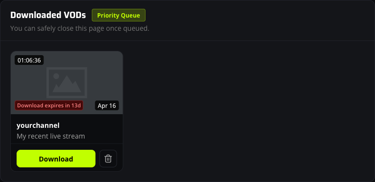 A completed Kick VOD download with a green Download button and an expiry badge