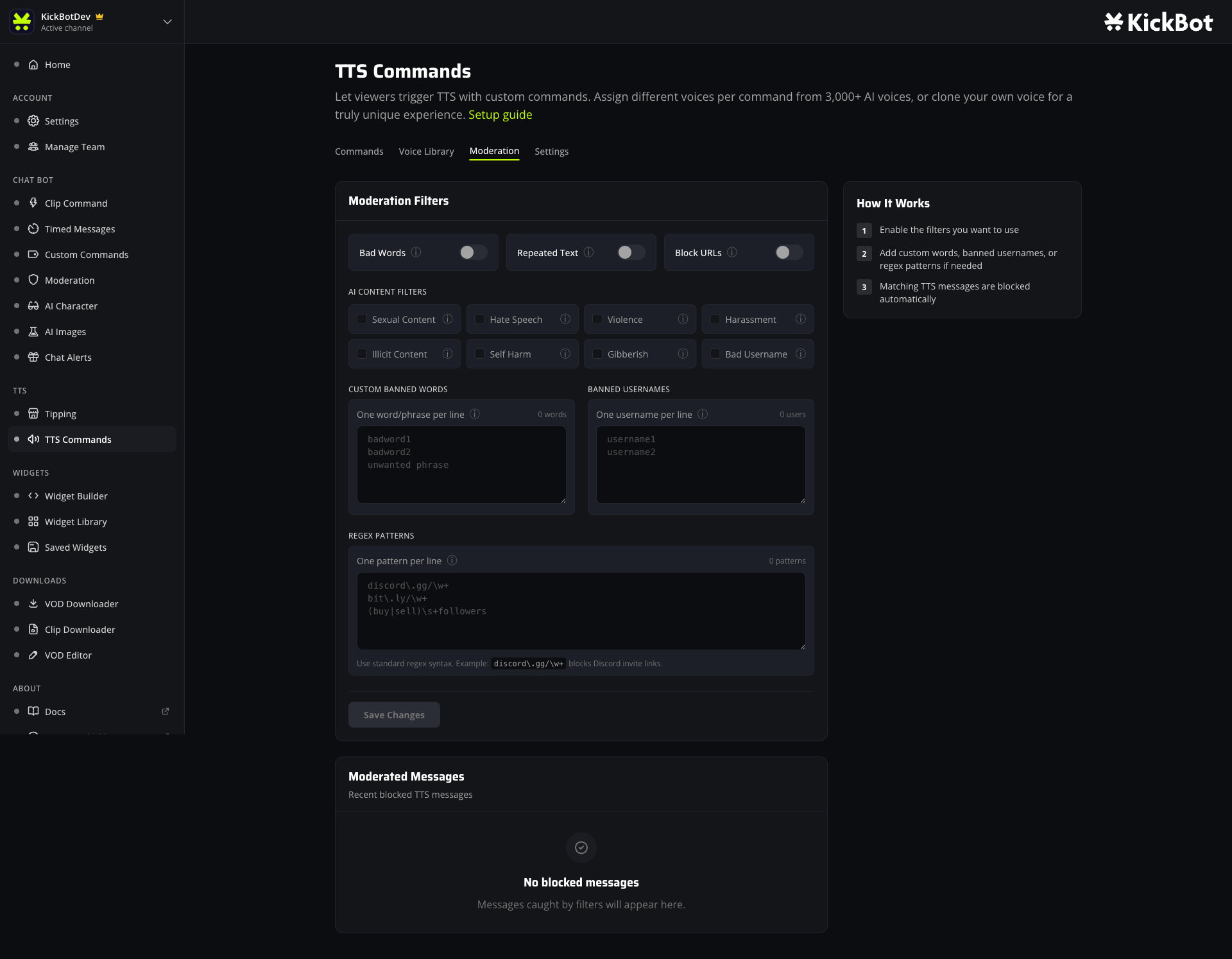 TTS Moderation tab with Bad Words, Repeated Text and Block URLs toggles, eight AI Content Filters, and custom banned words, usernames and regex inputs