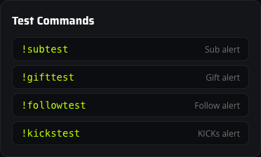 Test Commands sidebar listing the four chat alert test commands