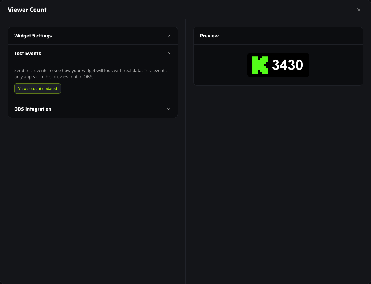 Test Events accordion expanded with the Viewer count updated button and the preview showing a sample count of 3,430