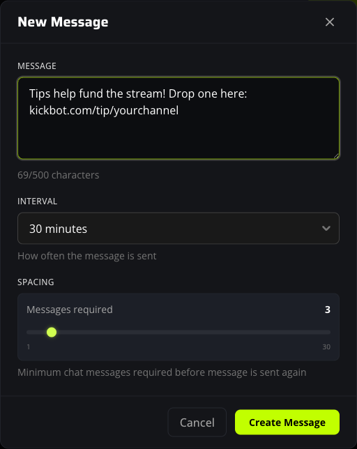 New Message popup with text, interval, and spacing fields for a Kick timed message.