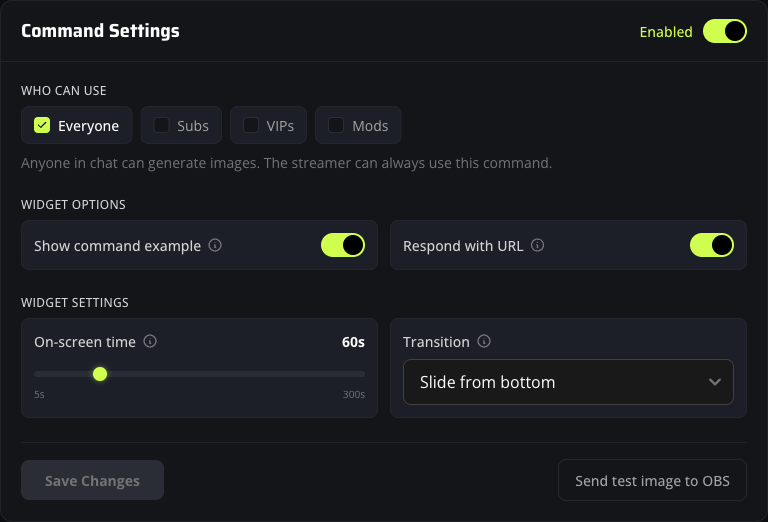 Command Settings card for the Kick AI image bot with role toggles and widget options