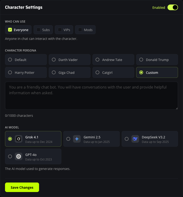 Custom persona prompt box on the Kick AI chatbot page