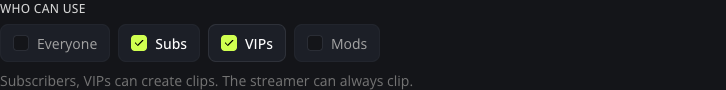 Who Can Use row with Subs and VIPs selected for the kick clip command.