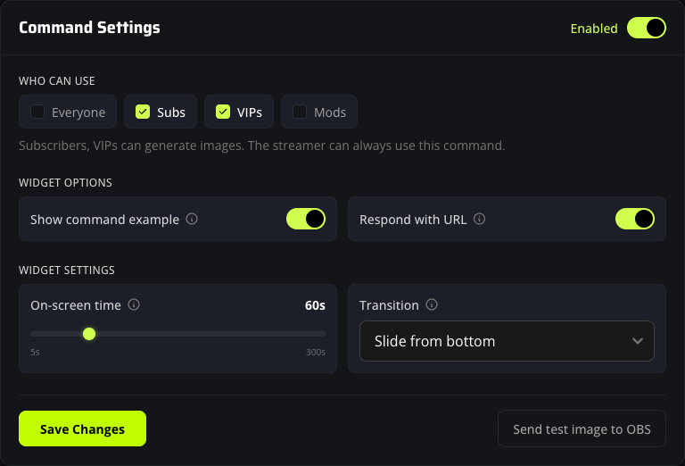 Who Can Use roles with Subs and VIPs selected on the AI image command