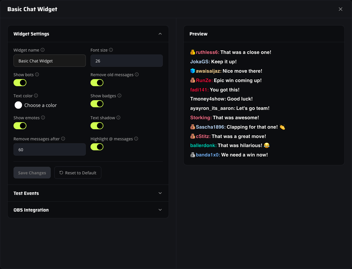 Basic Chat editor with Widget Settings on the left and live Kick chat overlay preview on the right