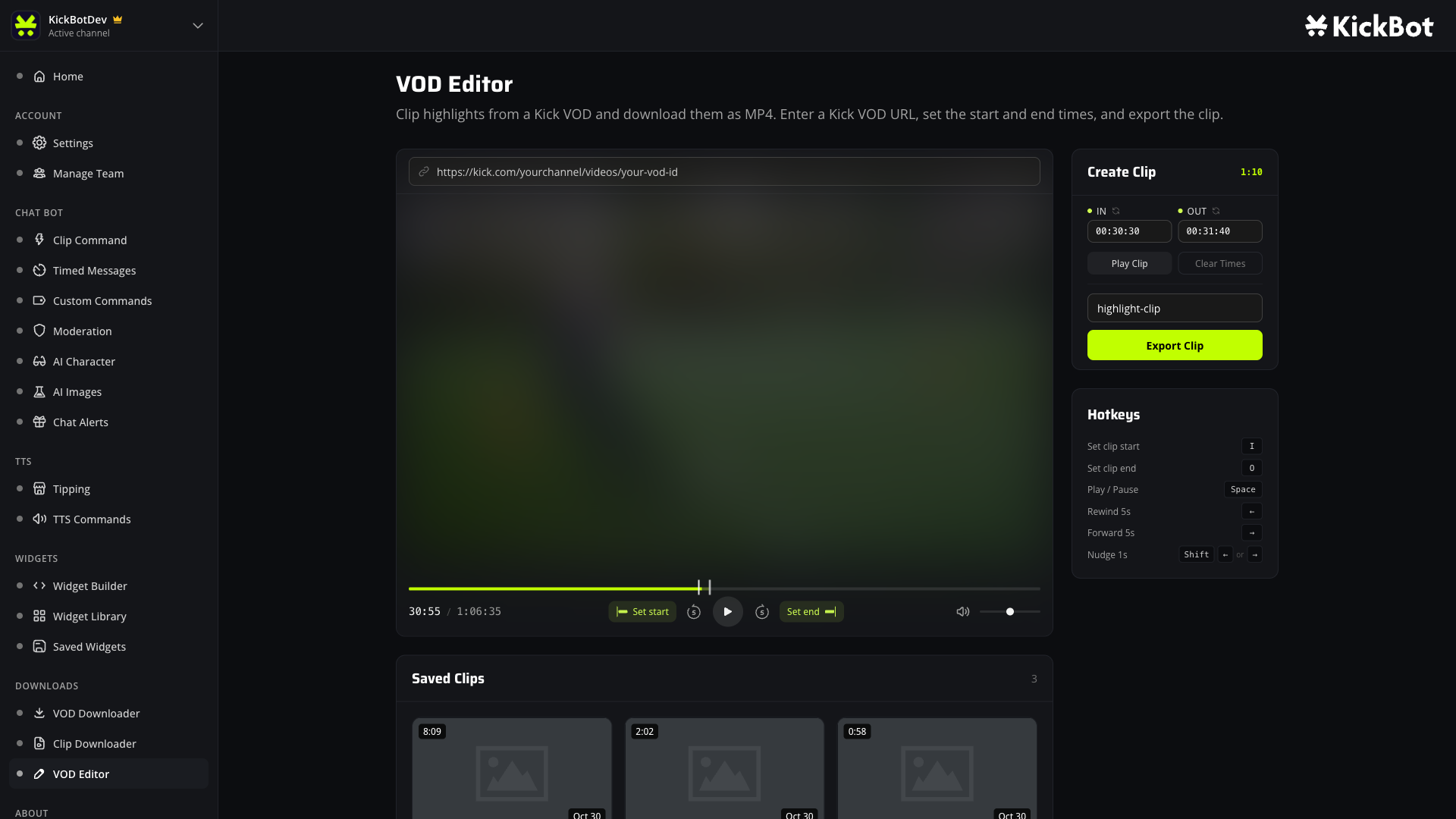 VOD Editor with a Kick VOD loaded, an in and out point set on the timeline, and the Export Clip button highlighted