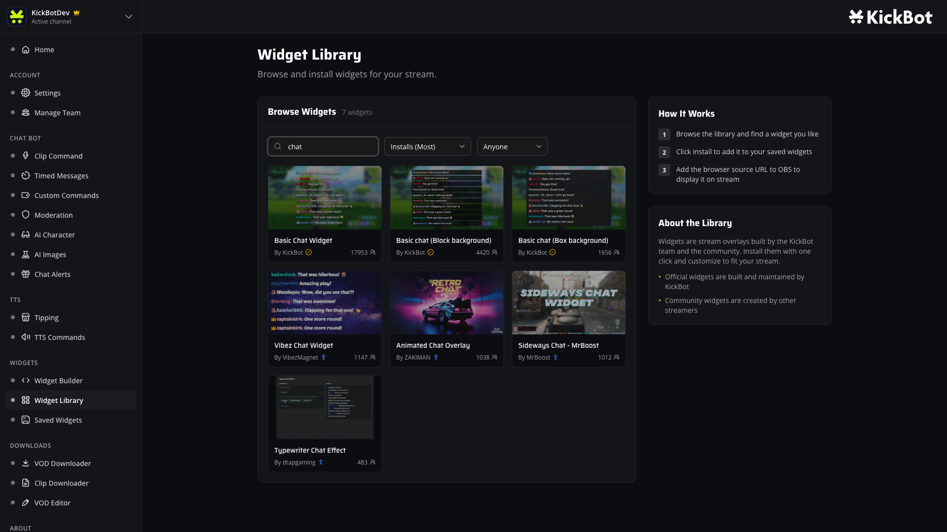 KickBot Widget Library filtered to chat showing Basic Chat plus block, box, animated, sideways and typewriter chat styles