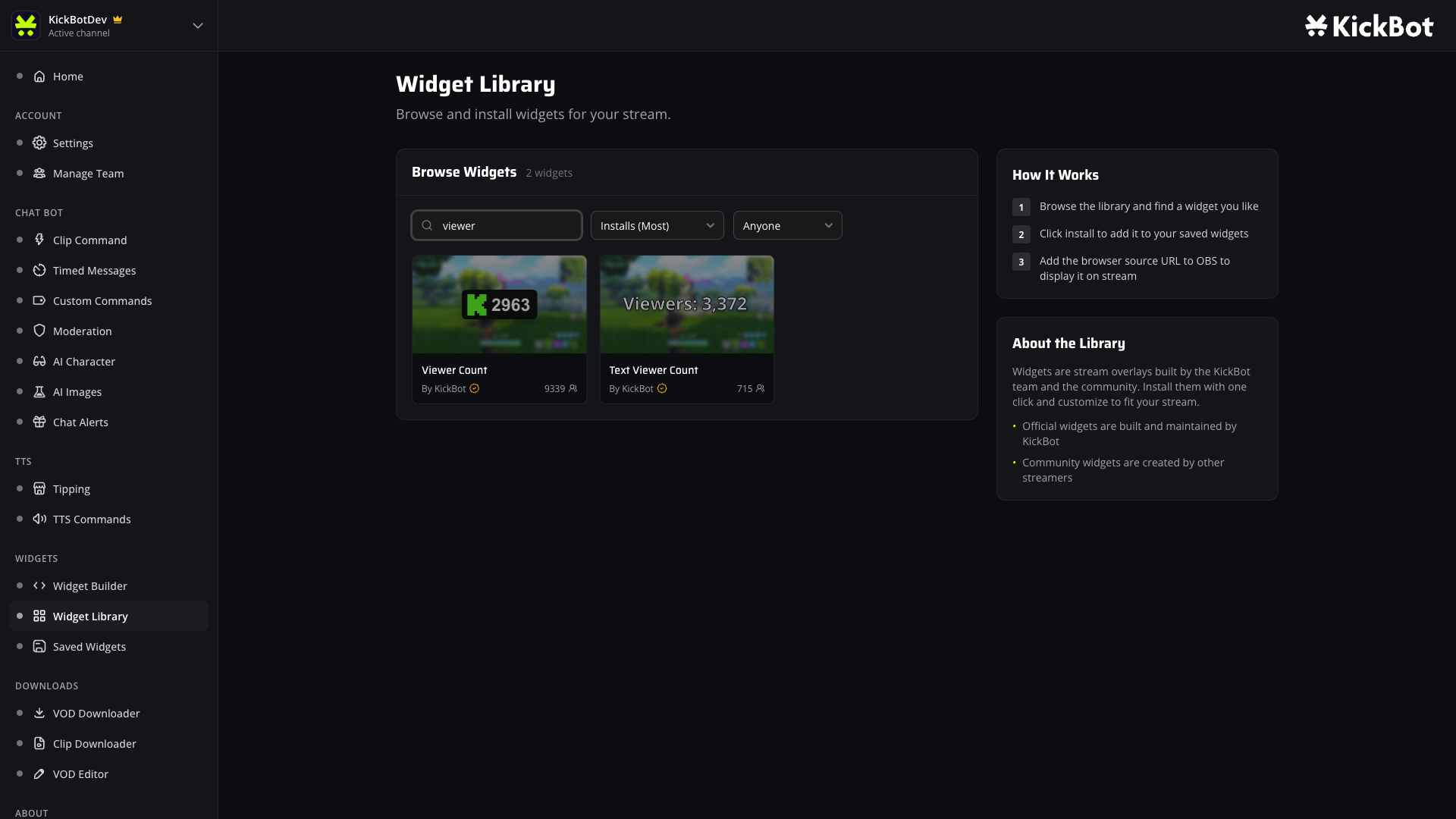 KickBot Widget Library filtered to viewer search showing the Viewer Count and Text Viewer Count widgets