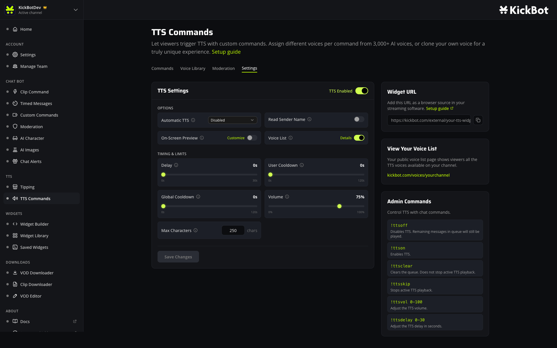 KickBot TTS settings page on Kick with playback options, timing limits, the widget URL panel and admin chat commands sidebar