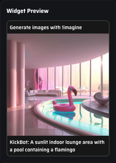 Widget Preview card showing a generated image with the username and prompt