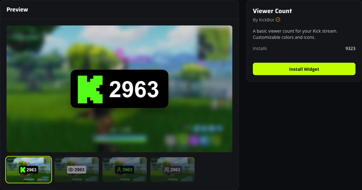 Viewer Count widget detail page in the KickBot Widget Library with the Install Widget button on the right