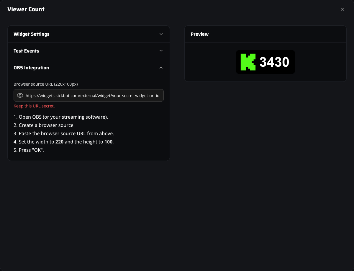 OBS Integration accordion showing the browser source URL for the Kick viewer counter and the recommended 220x100 dimensions