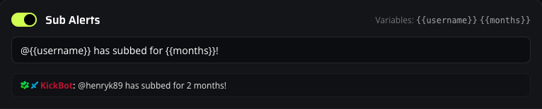 Sub alert card with the message input and chat preview