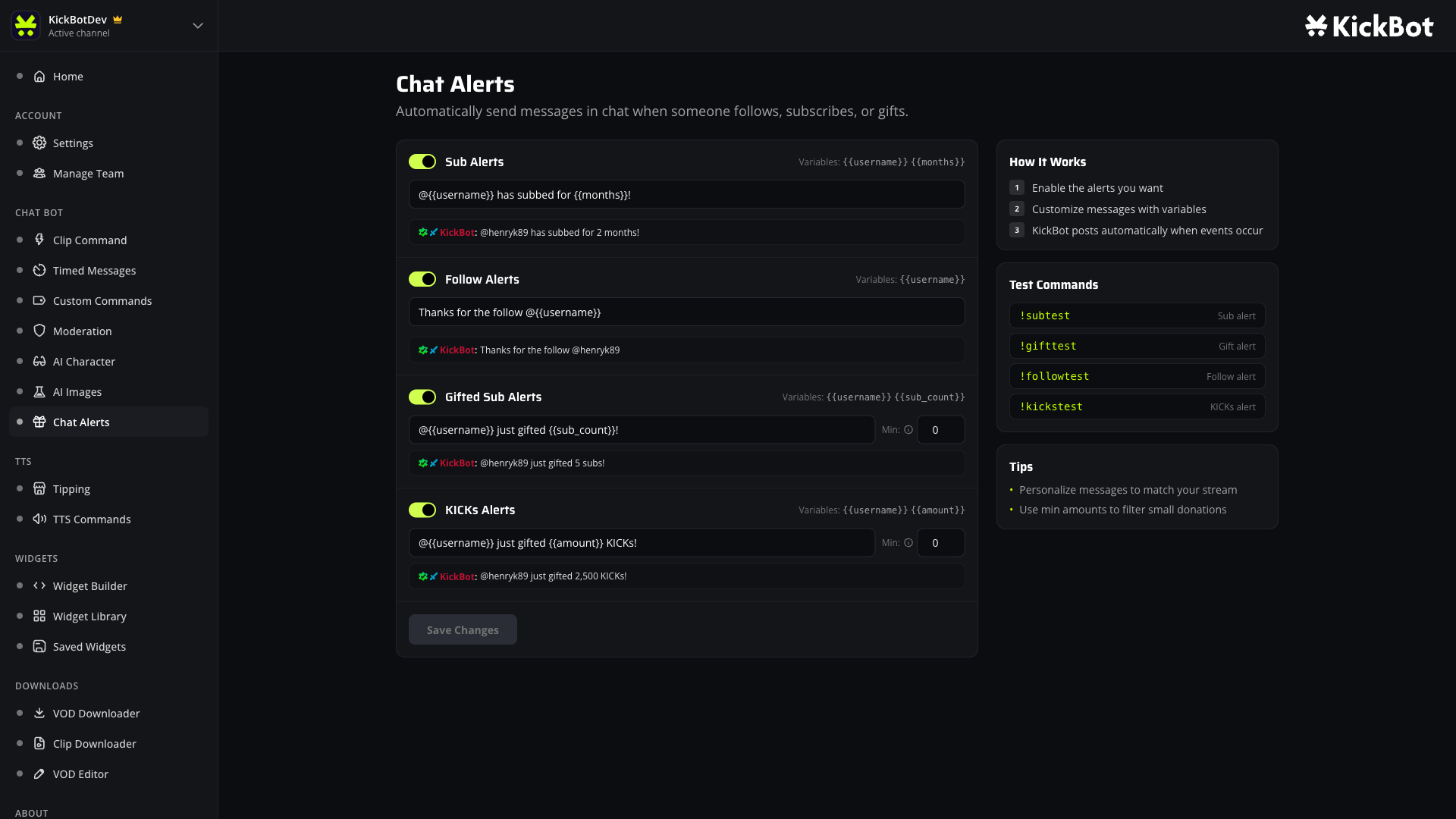 Kick alerts dashboard with sub, follow, gifted sub, and KICKs alert cards
