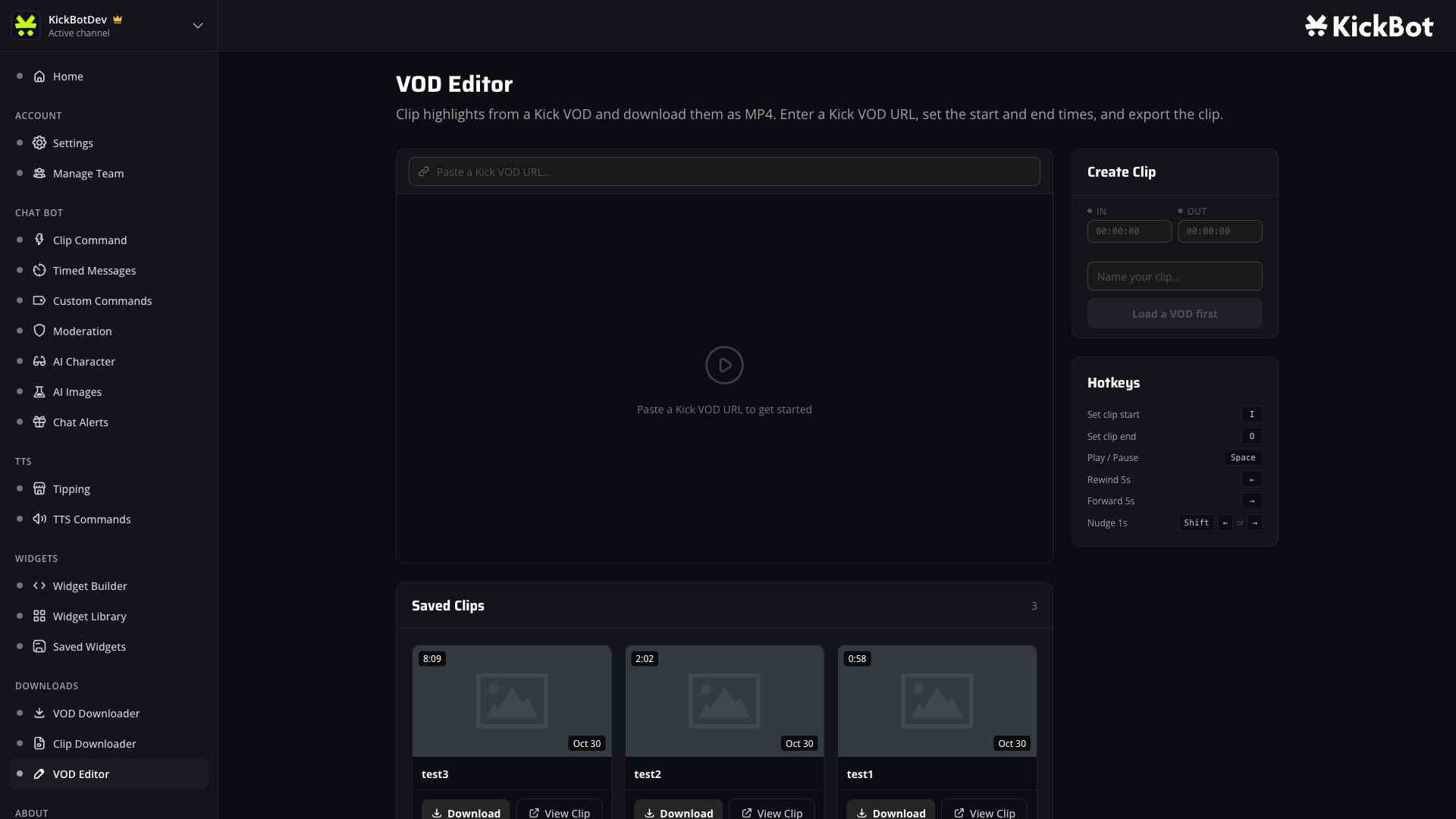 KickBot dashboard VOD Editor empty state with the Kick VOD URL input, Create Clip sidebar, and Saved Clips section