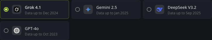 AI model picker with Grok, Gemini, DeepSeek, and GPT-4o options