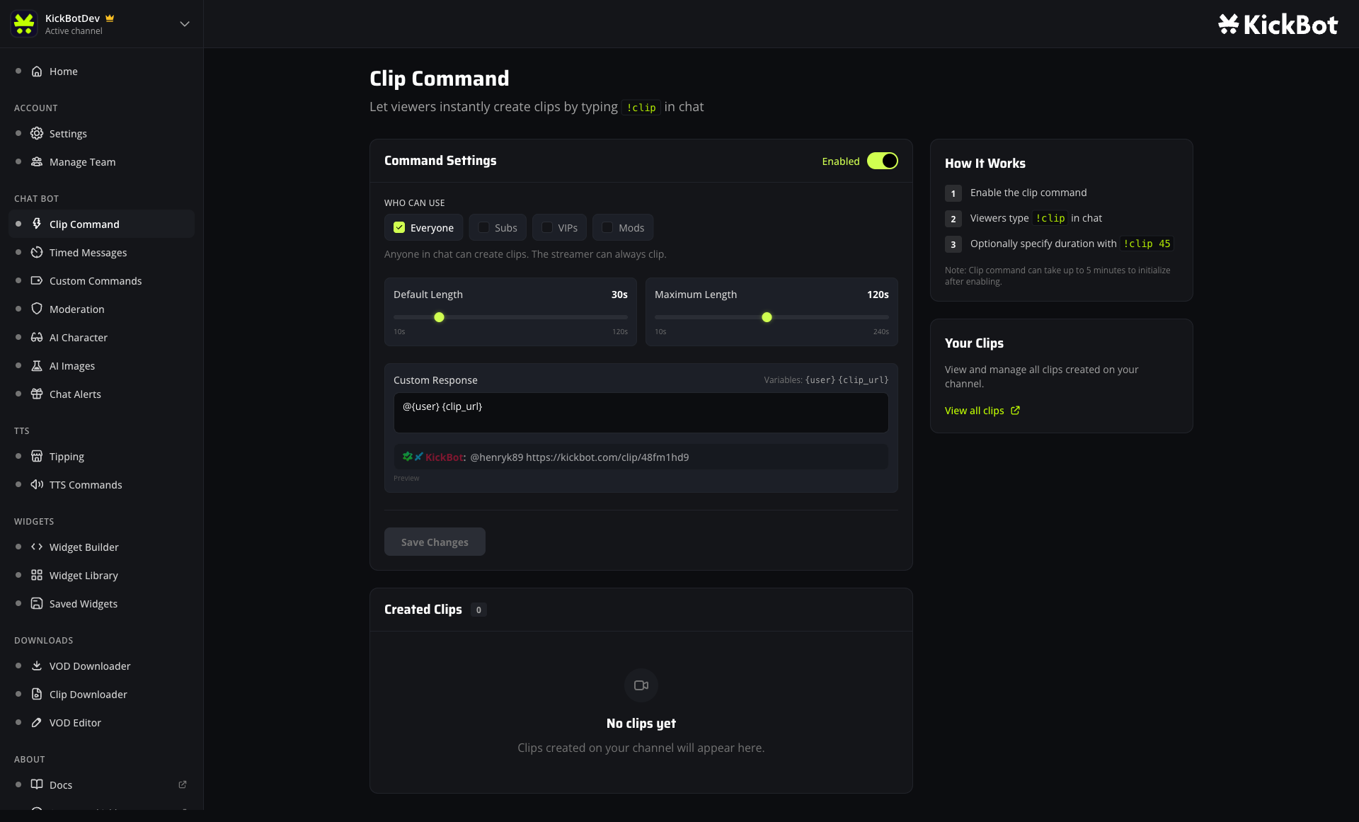 Clip Command dashboard with Command Settings, role selector, length sliders, and custom response.