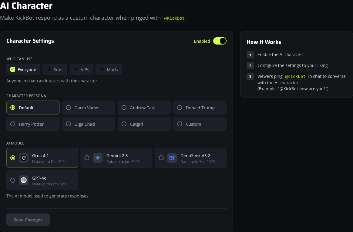 KickBot AI character dashboard with persona, model, and access controls