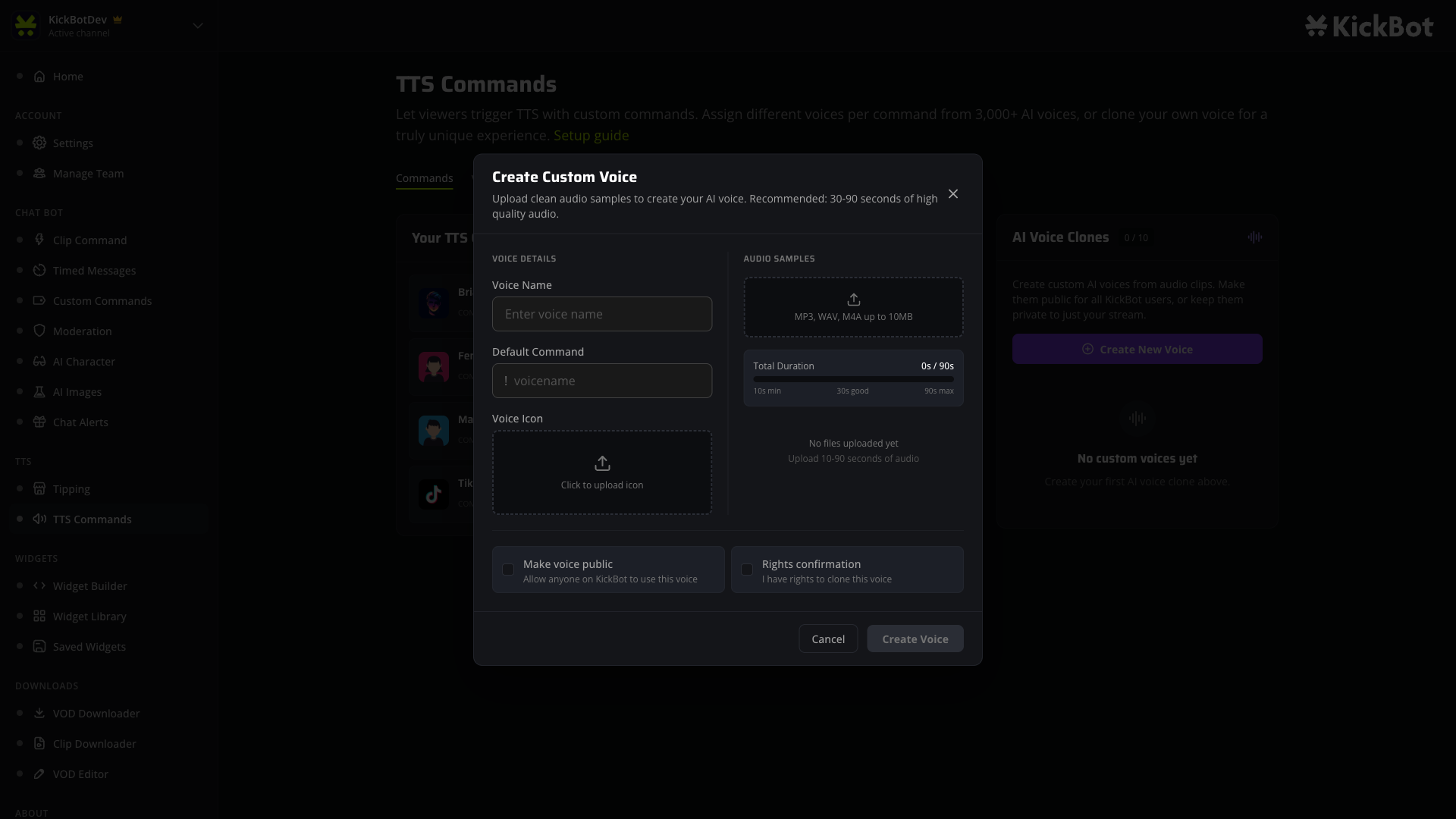 Create Custom Voice popup with Voice Name, Default Command, Voice Icon, Audio Samples uploader, Make voice public toggle, and Rights confirmation checkbox