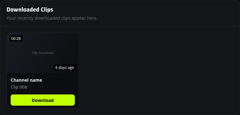A completed Kick clip download card with a green Download button and the clip duration