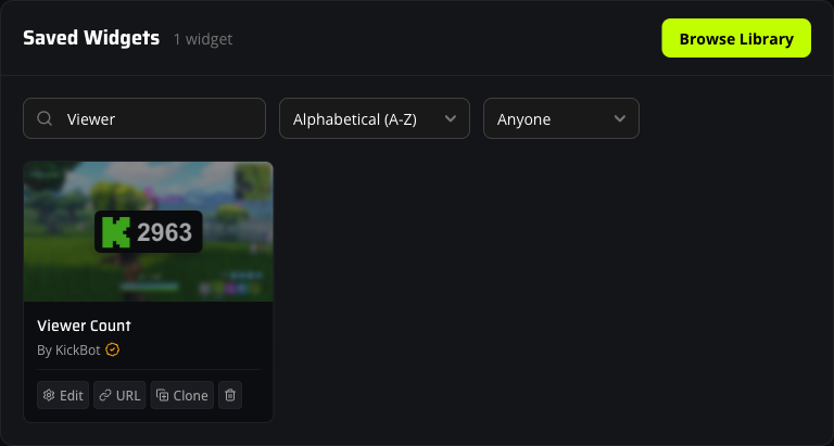 Saved Widgets page with the installed Viewer Count card and its Edit, URL, Clone, and delete action buttons