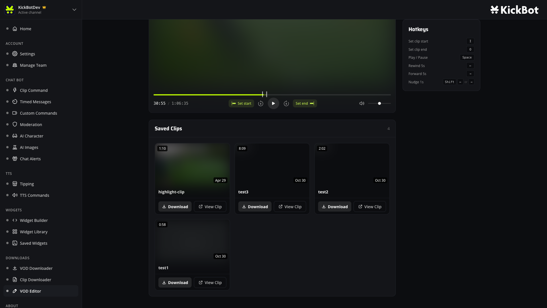Saved Clips grid in the VOD Editor showing a finished Kick VOD clip with the Download and View Clip buttons