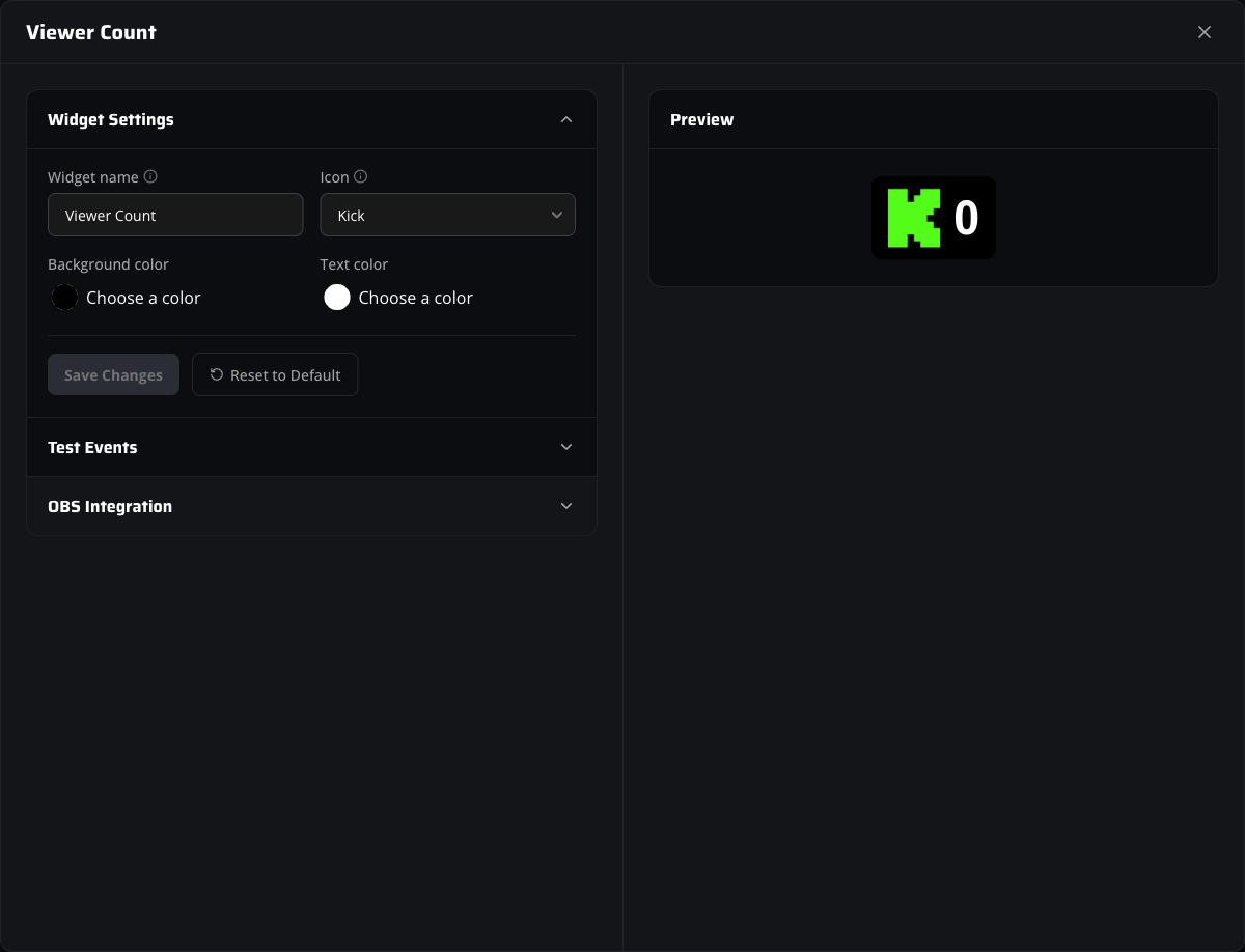 Viewer Count widget editor with Widget Settings showing Icon, Background color and Text color fields next to the live preview